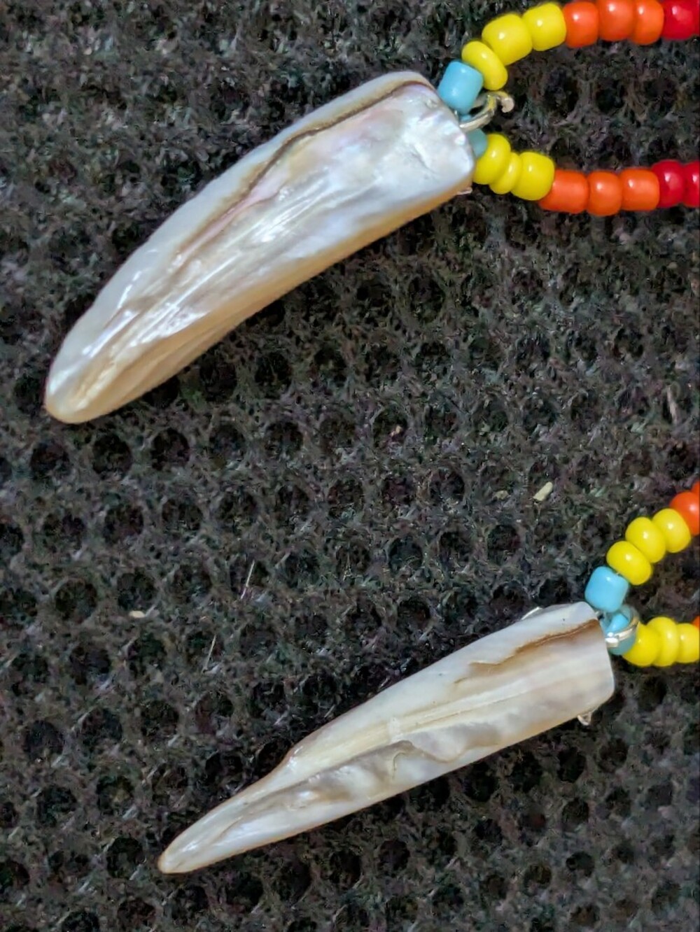 Native American Fire Color Quill Earrings With Shell Spikes - Picture 4 of 5